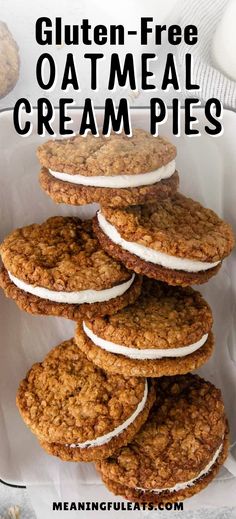 Six oatmeal cream pies leaning against each other in a ceramic dish. Gf Oatmeal Cream Pies, Fall Food Recipes Gluten Free, Gluten Free No Flour Desserts, Gluten Free Chewy Oatmeal Cookies, Gluten Free Oatmeal Desserts, Homemade Gluten Free Desserts, Lactose And Gluten Free Desserts, Gluten Free Cornmeal Recipes, Gluten Free Meltaway Cookies