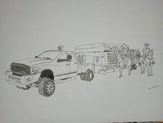 a drawing of a truck with people standing next to it