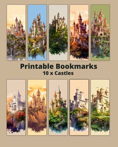 the bookmarks are designed to look like castles in different colors and sizes, with water