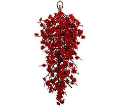 red flowers are hanging from a metal hook