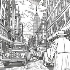 a black and white drawing of an old car driving down the street in front of tall buildings