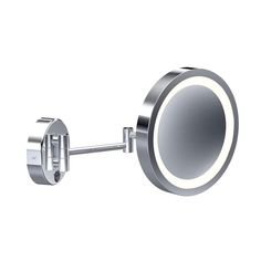 a round mirror mounted to the side of a metal wall mount vanity light with an adjustable magnifying lens