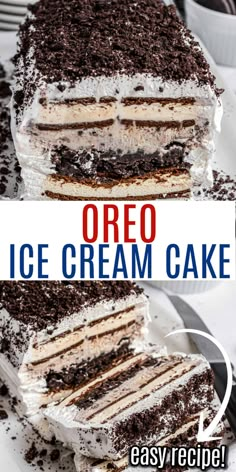 an oreo ice cream cake on a white plate with the words easy recipe below it