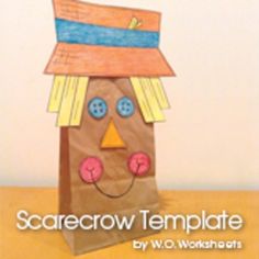 a brown paper bag with a scarecrow face on it's side and the words scarecrow template