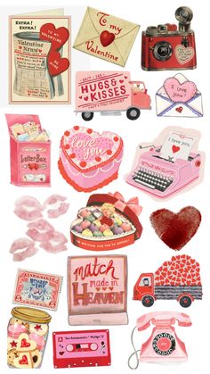 valentine's day collage with hearts, cards, and other items on white background