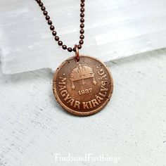 "This is an antique Hungarian 2 filler copper coin featuring the Holy Crown. Years may vary from 1925 to 1939.  -natural patina that has been polished to bring up highlights -shipped with 26\" claspless copper ball chain or choose 20\" heavier ball chain or black leather cord with lobster clasp. For more unique coin jewelry: www.etsy.com/shop/FindsandFarthings Coin Jewelry - antique Hungary 2 Filler COPPER COIN NECKLACE - Hungary - Budapest - holy crown - transylvania - Hungarian jewelry" Hungarian Jewelry, Hungary Budapest, Copper Coin, Copper Coins, Jewelry Antique, Bring Up, Coin Jewelry, Recycled Metal, Coin Necklace