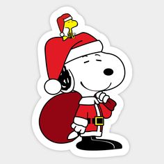 a cartoon character wearing a santa hat and holding a red bag with a bell on it