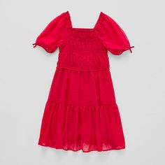 Make her feel special with this Thereabouts red A-line dress designed for little and big girls. The pullover style is made from georgette and feature a square neckline, a smocked bodice, short puff sleeves, and a flowy tiered skirt that hits at knee-length. Add flats for special occasions or pair it with sneakers for a casual look. Closure Type: Pullover HeadNeckline: Square NeckSleeve Length: Short SleeveDress Length: Knee LengthFiber Content: 100% PolyesterFabric Description: GeorgetteCare: M… Red A Line Dress, A Line Dresses, Plus Dresses, Tier Skirt, Feel Special, Cabaret, Tiered Skirt, Dress Red, Short Girls