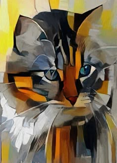 a painting of a cat with blue eyes