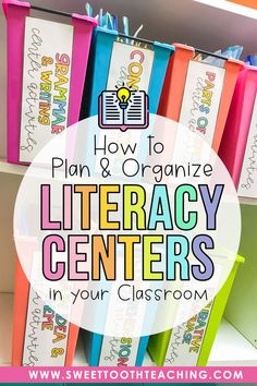 the words how to plan and organize library centers in your classroom with colorful bookshelves