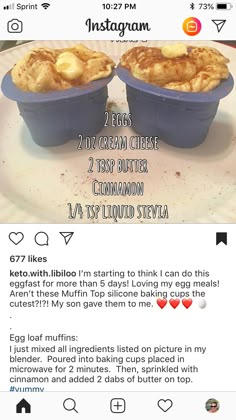 an instagram page with two blue cups filled with food