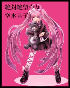 an anime character with pink hair holding a cat