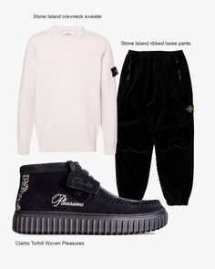 Cozy and stylish this fall with this Stone Island outfit with the Clarks x Pleasures Torhill Woven boots. Stone Island Outfit, Island Outfit, Loose Pants, Clarks Shoes, Stone Island, Crewneck Sweater, Crew Neck Sweater, Autumn Fashion, Street Wear