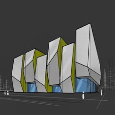 an architectural rendering of a building with green and white panels on the front, against a dark background