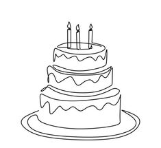 a birthday cake with three candles on the top and one candle in the middle, black and white