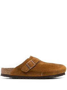 brown suede round toe decorative buckle detail shearling lining slip-on style flat rubber sole Clog Birkenstock, Birkenstock Suede, Boston Shearling, Birkenstock Boston Shearling, Birkenstock Slippers, Birkenstock Sandals Women, Birkenstock Clogs, Shearling Slippers, Suede Slippers