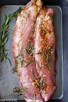 raw pork with rosemary sprigs on the side and text overlay that reads, how to start your day with taste and feel