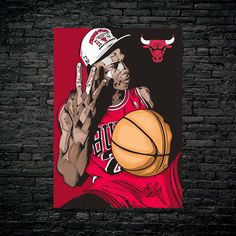 the chicago bulls basketball player is depicted on a brick wall with his hand up to his face