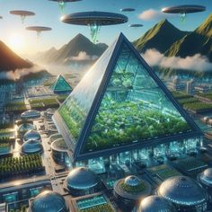 a futuristic city with green plants and flying saucers in the sky above it, surrounded by mountains