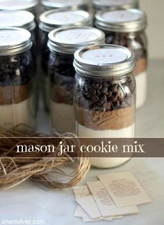 mason jar cookie mix with twine and tags