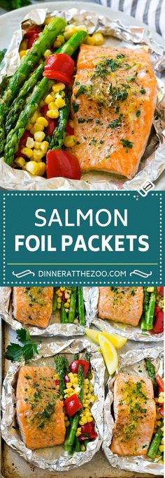 salmon foil packets with asparagus, corn and tomatoes on them are ready to be eaten