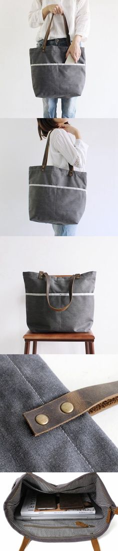 Handmade Canvas Tote Bag, Shoulder Bag With Leather, School Bag 14043 Bag Women Fashion, Leather Bags Handmade, Tote Bag Leather, Carry All Bag