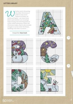 cross stitch alphabets with animals and christmas trees