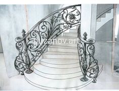 a drawing of an iron stair case in the shape of a spiral staircase with handrails