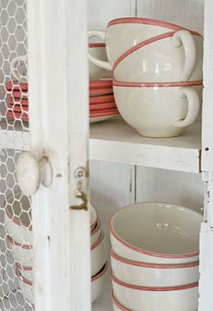 some dishes are stacked on top of each other in a cabinet with chicken wire behind them