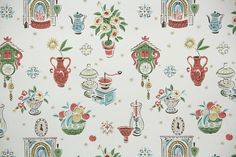 an old fashioned wallpaper pattern with teapots and flowers on white background, from the early 1900's