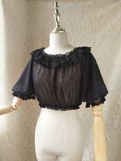 Features: It features ruffled off-the-shoulder neckline, short lantern sleeves, lace ruffled cuffs.  Attention: This price includes a blouse only, others are not included.   Size Chart:  Size (CM): Unit CM; Sizes below are measured in flat-laid position, hand measurement will have discrepancy of about 2 CM.   	 		 			Size(cm) 			M(s, m ,l) 			XL(xl,xxl) 		 		 			Bust 			80-92 			93-110 		 		 			Blouse 			29 			31 Evening Tops With Ruffles And Lantern Sleeves, Ruffled Lantern Sleeve Top For Evening, Lace Tops With Ruffles And Puff Sleeves, Summer Party Tops With Lace Cuffs, Evening Blouse With Ruffles And Lantern Sleeves, Lace Blouse With Ruffles And Puff Sleeves, Evening Ruffled Lantern Sleeve Blouse, Fitted Lace Off-shoulder Blouse, Black Off-shoulder Blouse With Ruffles