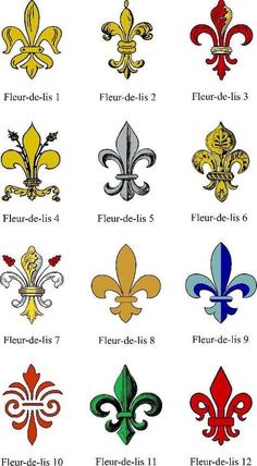 the fleur de lis symbol is shown in all different colors and sizes, including red