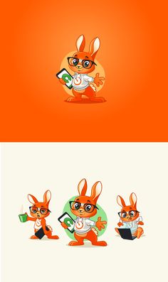 an orange and white background with some cartoon animals in different poses, one is holding a laptop