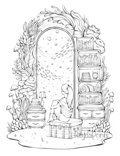 a black and white drawing of a person sitting in front of a bookcase