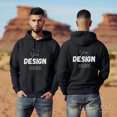 "Front and Back Mockup featuring 2 handsome men, front and back view for Gildan 18500 Black Hoodie. This sweatshirt mock is a simple image that is easy to use with Canva, Photoshop, Photopea etc. to make a perfect mockup for your print on demand design. ♥ Our Mockups are designed to perfectly fit Etsy's new square listing image size. --------------------- ♥ Get access to all our current and future mockups in the \"FRONT & BACK COLLECTION\" category: https://www.etsy.com/listing/1583196947/front-back-mockup-bundle-lifetime-access?click_key=4506c231613390bd0f805d773e4a82c032789d7a%3A1583196947&click_sum=d33ef5ad&ref=shop_home_active_2&pro=1 --------------------- ♥ We specialize in unique settings and product colors. If you like our mockups, do not forget to follow our shop to be informed abo Image Simple, Model Man, Hoodie Mockup, Black Sweater, Back View, Simple Image, Black Sweaters, Black Hoodie, Mockup