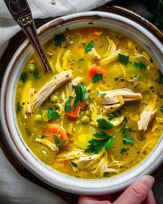 a person holding a bowl of chicken noodle soup