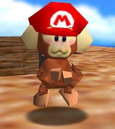 an animal with a red hat is in the middle of a video game character scene