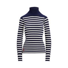 Featuring an allover ribbed texture this slim-fitting turtleneck features horizontal stripes and is embroidered with an anchor and our signature monogram logo at the hem. Fitted Striped Tops With Ribbed Cuffs, Striped Fitted Top With Ribbed Cuffs, Fitted Striped Top With Ribbed Cuffs, Navy Fitted Top With Contrast Stripes, Classic Striped Tops With Ribbed Cuffs, Classic Winter Tops With Contrast Stripes, Fitted Striped Tops With Ribbed Collar, Classic Fitted Tops With Signature Stripes, Classic Fall Tops With Contrast Stripes