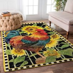 a rug with a rooster and sunflowers on it in front of a couch