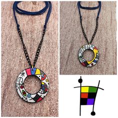 "Art Pendant from wood handmade Blue Red Yellow White Green Pink Black acrylic painting nspired by Joan Miró works, one of the most famous Spanish painter. Miró expressed contempt for conventional painting methods as a way of supporting bourgeois society, and famously declared an \"assassination of painting\" in favour of upsetting the visual elements of established painting. Pendant is painting on both sides with different pictures. Material used acrylic paint, wooden pendant, cotton lace, resin covered, black chain. Pendant size 5cm x5cm,   lace length 27 cm Beautiful wooden pendant for every day and special events. Your new pendant will be posted with register mail within 1-4 bussiness day after payment is cleared.  Feel free to contact me if you have any question. Thank you for visitin Black Acrylic Painting, Painting Methods, Joan Mir, Visual Elements, Black Acrylic Paint, Joan Miro, Art Pendant, Wooden Pendant, Art Colorful