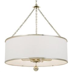 a chandelier hanging from the ceiling with a white fabric shade on it's side