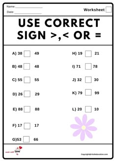 a worksheet with the words use correct sign, or and an image of a flower