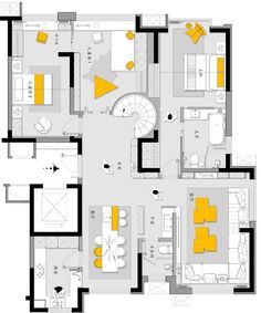 an apartment floor plan with yellow accents