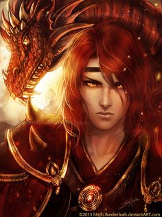 an image of a man with red hair and a dragon on his head in front of him