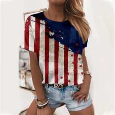 Women's Flag Top American Flag Print Short Sleeve Crew-Neck T-Shirt American Independence Day, Cheap Clothing, American Independence, American Flag Print, Spring Outfits Women, Women T Shirts, American Shirts, Cheap Clothes, Holiday Festival