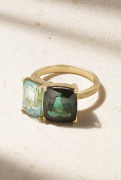 Irene Neuwirth travels the globe in search of the perfect stones to bring her designs to life. This 18-karat gold ring is a part of the 'Gemmy Gem' collection that includes “whimsically luxurious combinations”, like these one-of-a-kind indicolite and blue tourmaline gems. Style it solo or with a couple of simple bands. Luxury Multi-stone Cushion Cut Ring, Luxury Yellow Gold Tourmaline Emerald Ring, Elegant Tourmaline Open Ring, Luxury Polished Tourmaline Rings, Emerald Ring Design, Irene Neuwirth Jewelry, Kunzite Ring, Gem Collection, Double Band Rings