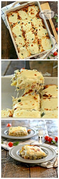 the steps to make lasagna casserole are shown in three different stages