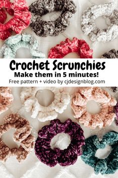 several crocheted scrunffles with the words coleetos crochet on