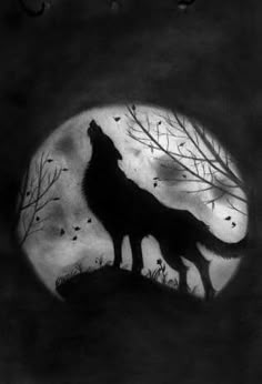 a black and white drawing of a wolf standing in front of a full moon with trees