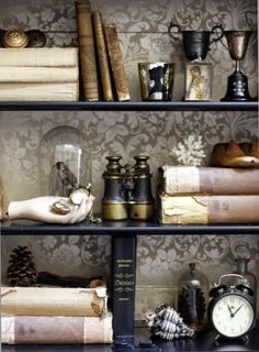 a shelf filled with books and other items